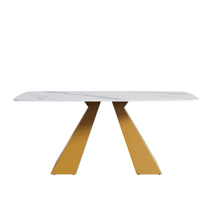 Modern Artificial Stone Curved Metal Leg Dining Table, Can Accommodate 6-8 People - White / Gold by Couch.com