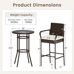 Patio Rattan Bar Height Table and Chairs with 2 Seat Cushions for Porch-White