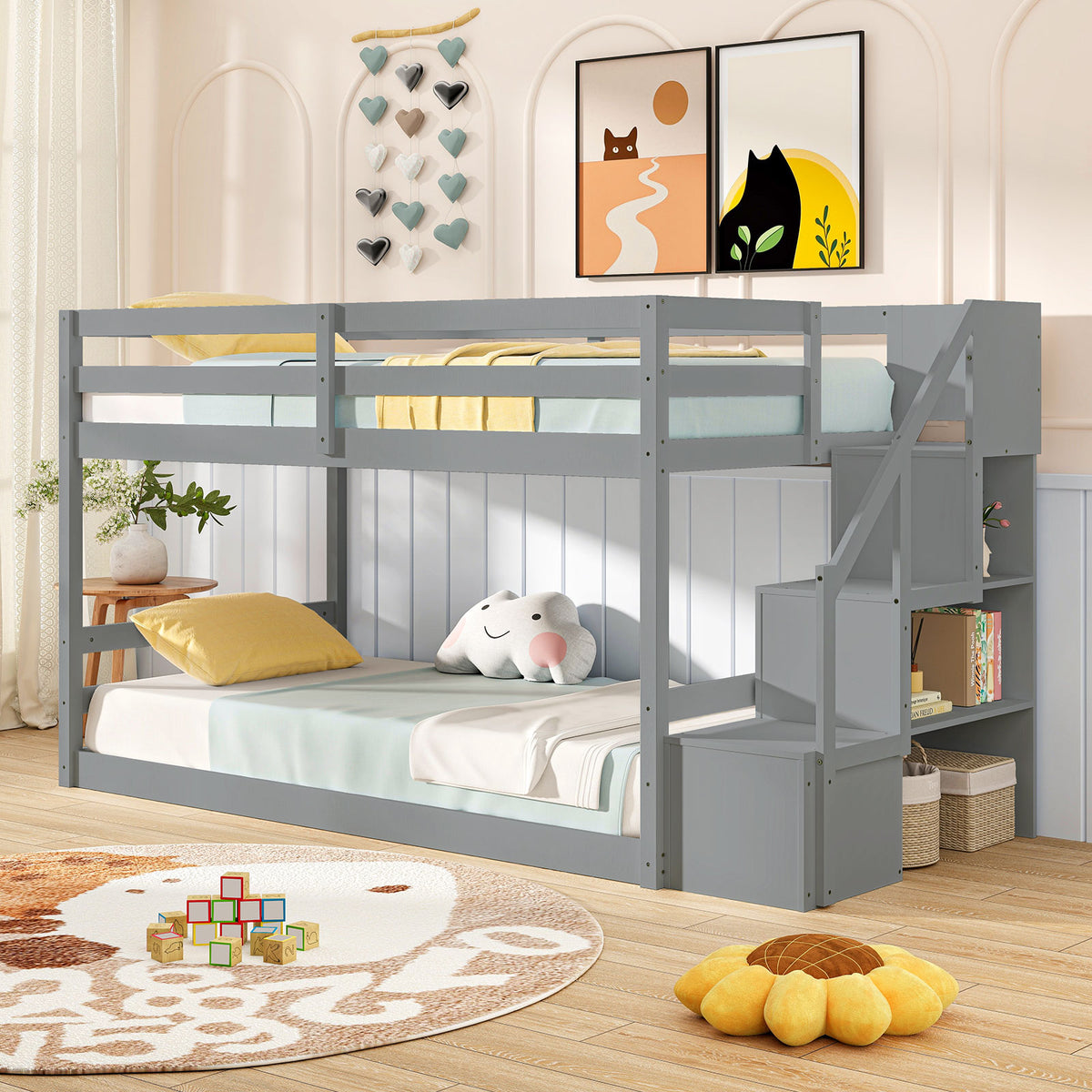Twin Over Twin Low Bunk Bed with Storage Stairs Solid Wood Floor Bunk Bed Frame-Gray