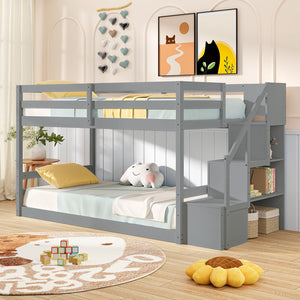 Twin Over Twin Low Bunk Bed with Storage Stairs Solid Wood Floor Bunk Bed Frame-Gray