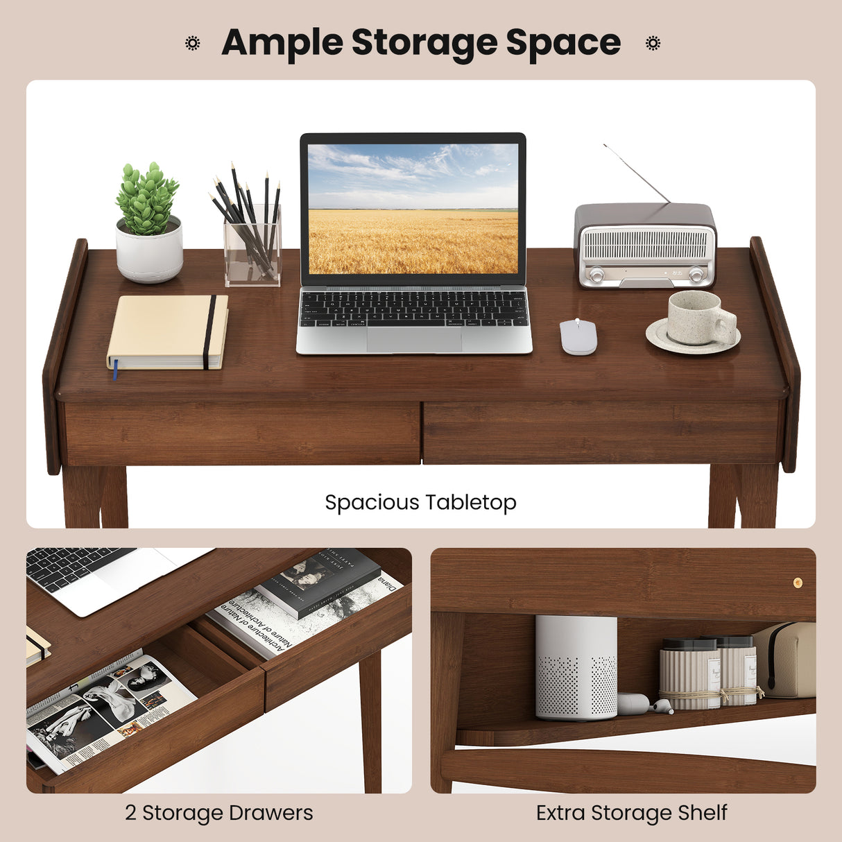 Bamboo Writing Desk with 2 Storage Drawers and Open Shelf-Walnut