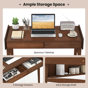 Bamboo Writing Desk with 2 Storage Drawers and Open Shelf-Walnut