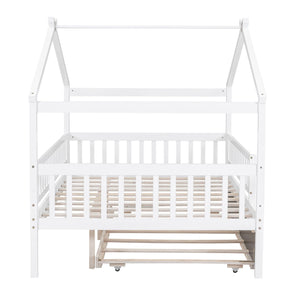 The Creativity House Bed features a white wooden frame with a minimalist house-shaped design, slatted base, and removable front panel. It converts easily to adapt as needed and includes a twin-size trundle.