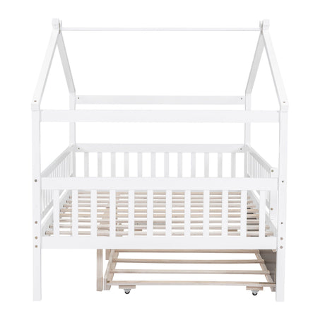 The Creativity House Bed features a white wooden frame with a minimalist house-shaped design, slatted base, and removable front panel. It converts easily to adapt as needed and includes a twin-size trundle.
