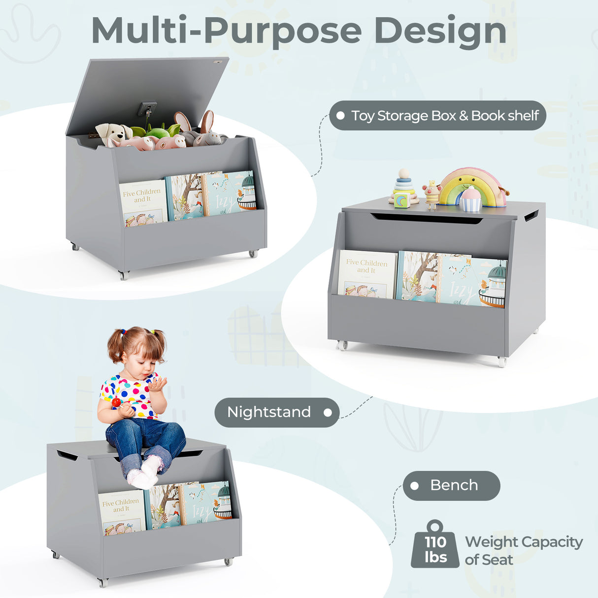 Wooden Mobile Toy Storage Organizer with Bookshelf and Lockable Wheels-Gray