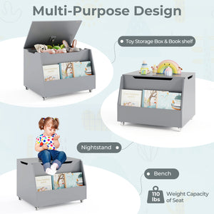 Wooden Mobile Toy Storage Organizer with Bookshelf and Lockable Wheels-Gray
