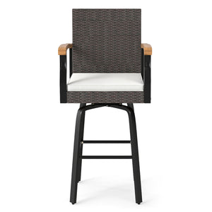 One Outdoor 360Â° Swivel Bar Stool with Cushion and Acacia Wood Armrests