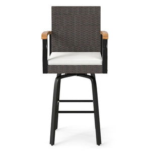 One Outdoor 360° Swivel Bar Stool with Cushion and Acacia Wood Armrests