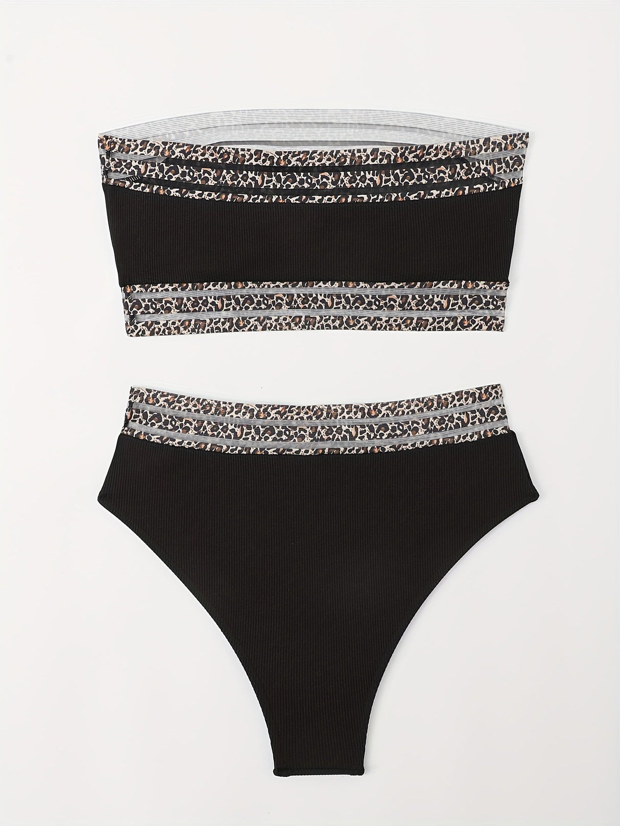 Bikini Leopard Print High Waist Bandeau 2 Piece Swimsuit for Women – Super Stretchy Bikini Set with Seductive Mesh Detail and Flattering Fit – Chic Animal Print Swimwear for Beachwear Poolside and Summer Vacations