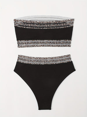 Bikini Leopard Print High Waist Bandeau 2 Piece Swimsuit for Women – Super Stretchy Bikini Set with Seductive Mesh Detail and Flattering Fit – Chic Animal Print Swimwear for Beachwear Poolside and Summer Vacations