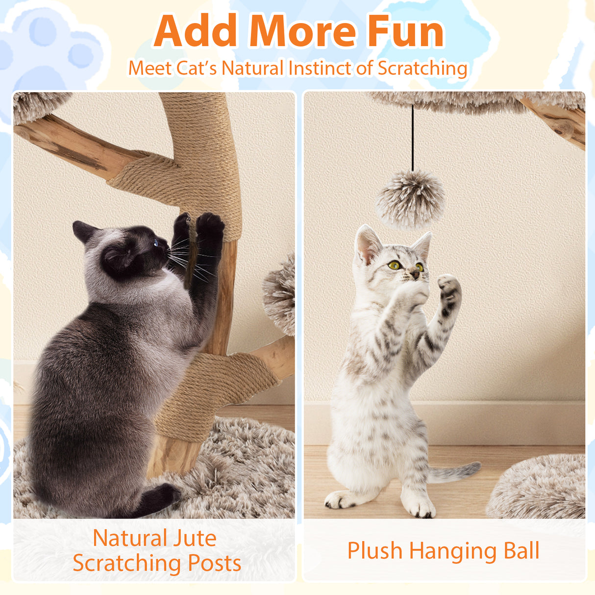 Cat Tree Solid Pear Wood with Perch and Natural Jute Scratching Posts-Brown