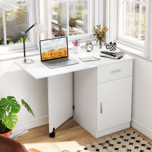 Folding Computer Desk with Drawer Mobile Home Office Desk with Cabinet-White