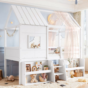 Twin Size Loft Bed with Storage Shelves and Stairs, House Loft Bed with Playhouse Roof and Window, No Box Spring Needed, White