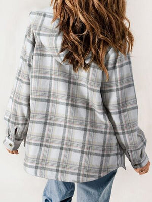 Plaid Snap Down Plush Hooded Jacket Soft & Warm Women Outerwear Cozy And Comfortable Jacket