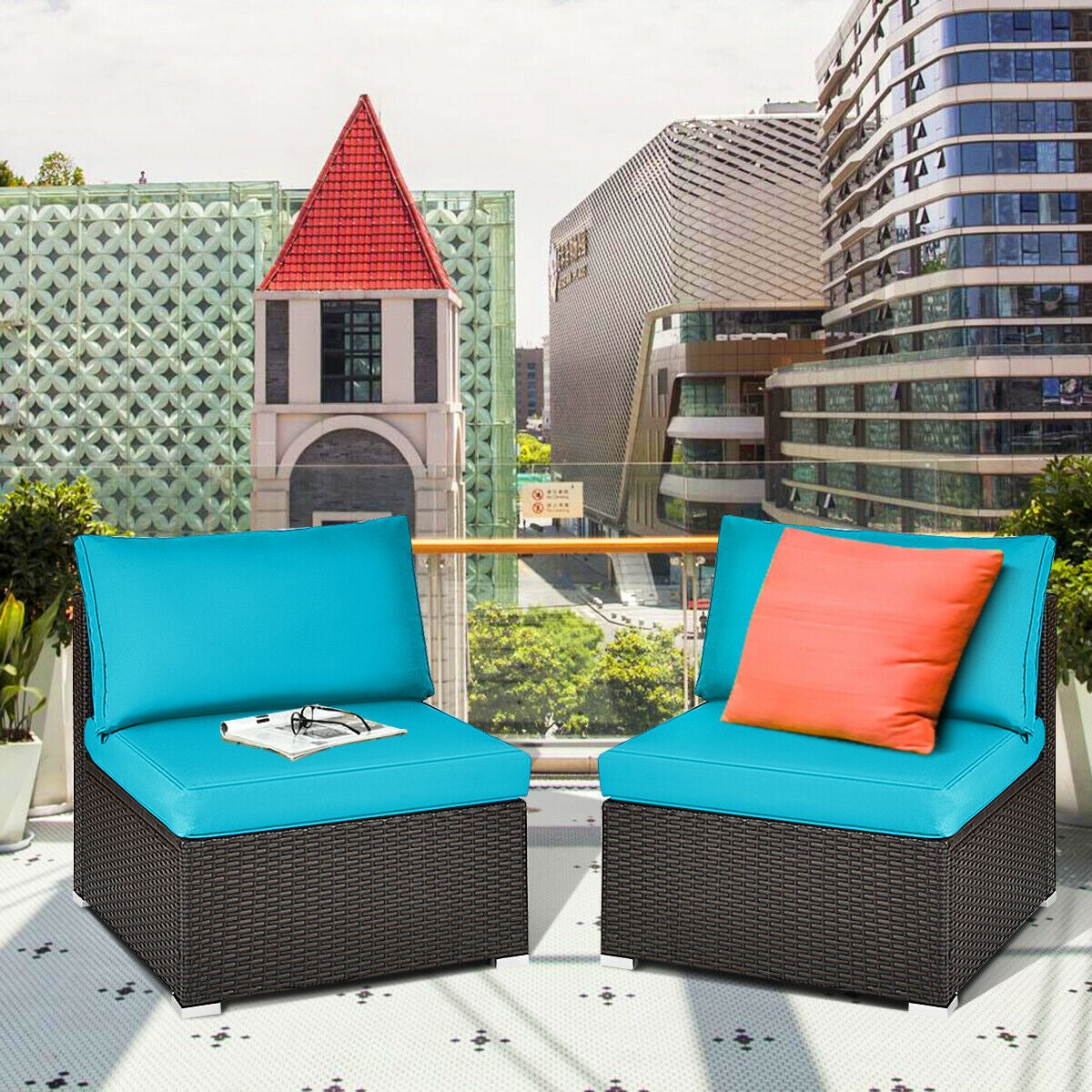 2 Pieces Patio Rattan Armless Sofa Set with 2 Cushions and 2 Pillows-Navy