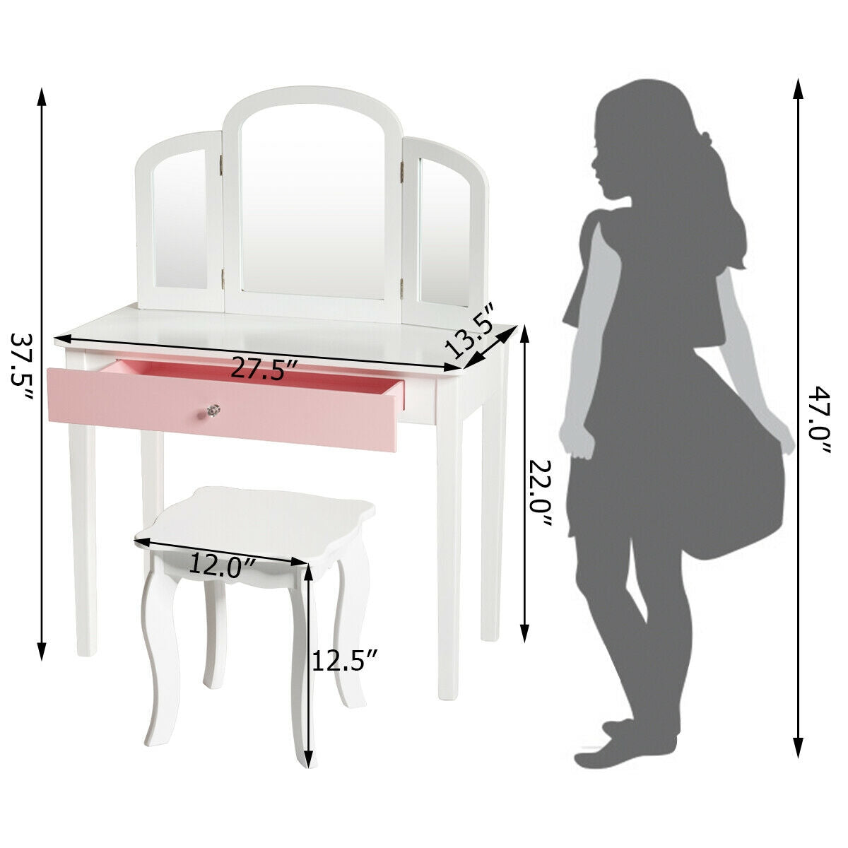 Kids Princess Make Up Dressing Table with Tri-folding Mirror and Chair-Pink