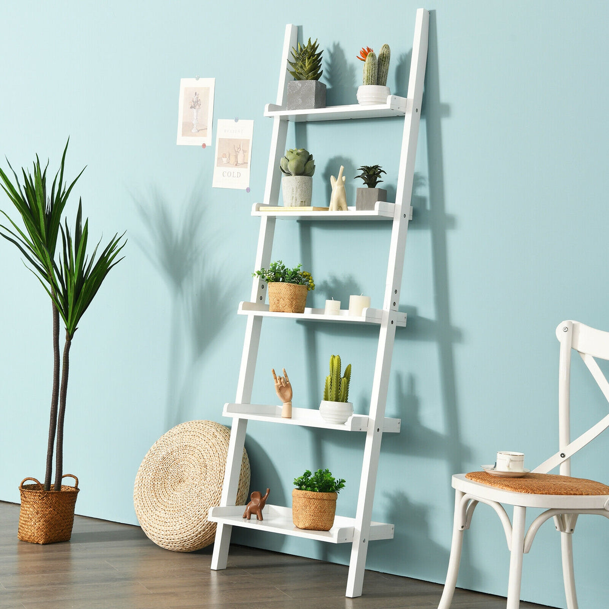 5-Tier Wall-leaning Ladder Shelf  Display Rack for Plants and Books-White