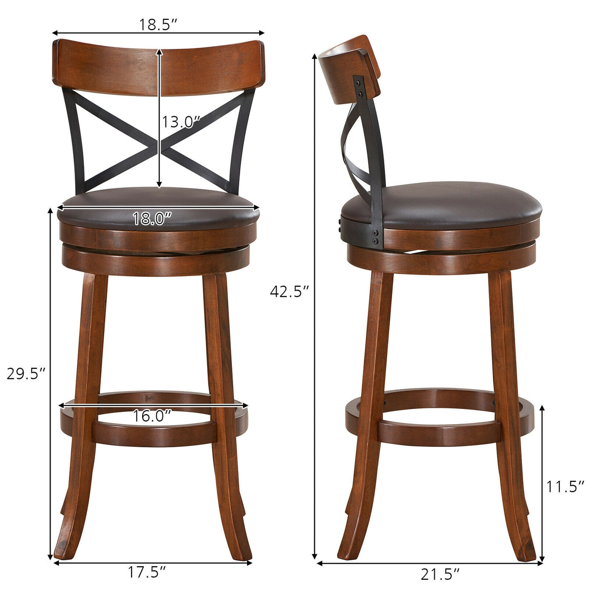 Set of 2 Bar Stools 360-Degree Swivel Dining Bar Chairs with Rubber Wood Legs-25 inch