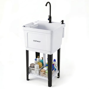 14.5 Gal Utility Sink Laundry Tub with Rotating Faucet and Adjustable Legs-S