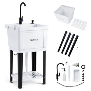 14.5 Gal Utility Sink Laundry Tub with Rotating Faucet and Adjustable Legs-S