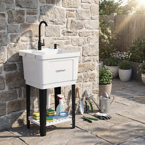 14.5 Gal Utility Sink Laundry Tub with Rotating Faucet and Adjustable Legs-S