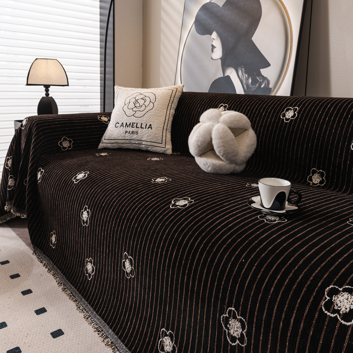 Chenille Camellia Floral Sofa Throw Cover Couch Blanket with Striped Jacquard