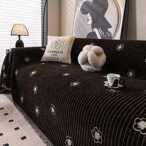 Chenille Camellia Floral Sofa Throw Cover Couch Blanket with Striped Jacquard