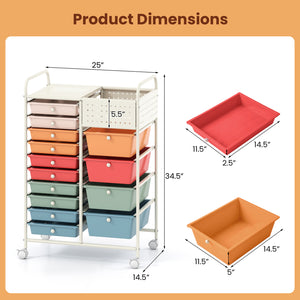 14-Drawer Rolling Storage Cart with Metal Tabletop and Pegboard-Macaron