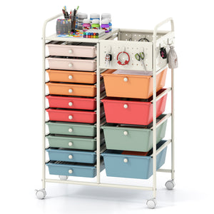 14-Drawer Rolling Storage Cart with Metal Tabletop and Pegboard-Macaron