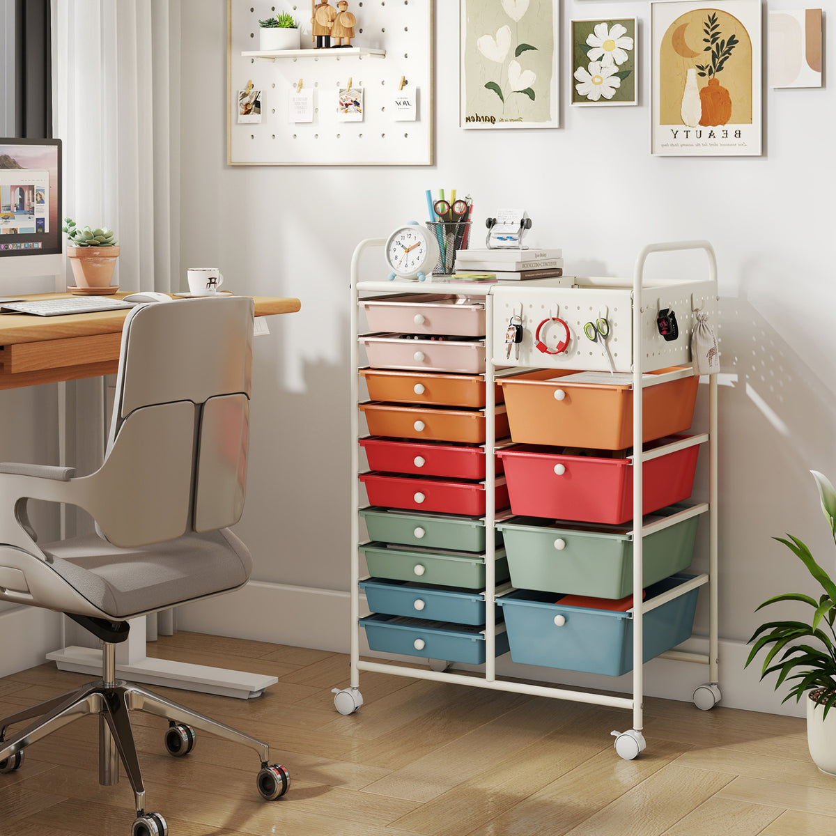 14-Drawer Rolling Storage Cart with Metal Tabletop and Pegboard-Macaron
