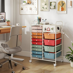 14-Drawer Rolling Storage Cart with Metal Tabletop and Pegboard-Macaron