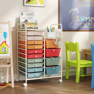 14-Drawer Rolling Storage Cart with Metal Tabletop and Pegboard-Macaron