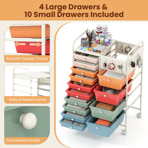 14-Drawer Rolling Storage Cart with Metal Tabletop and Pegboard-Macaron