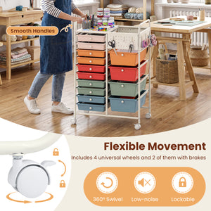 14-Drawer Rolling Storage Cart with Metal Tabletop and Pegboard-Macaron