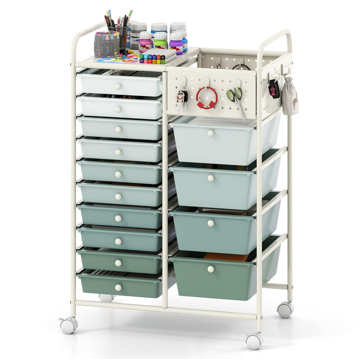 14-Drawer Rolling Storage Cart with Metal Tabletop and Pegboard-Gradient Green