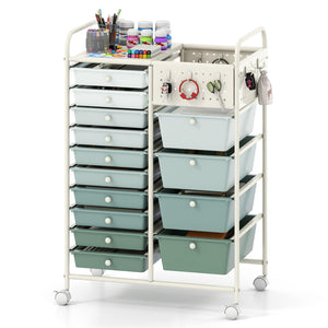 14-Drawer Rolling Storage Cart with Metal Tabletop and Pegboard-Gradient Green