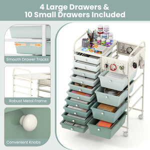 14-Drawer Rolling Storage Cart with Metal Tabletop and Pegboard-Gradient Green