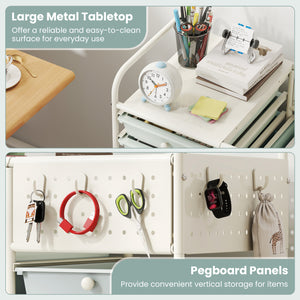 14-Drawer Rolling Storage Cart with Metal Tabletop and Pegboard-Gradient Green