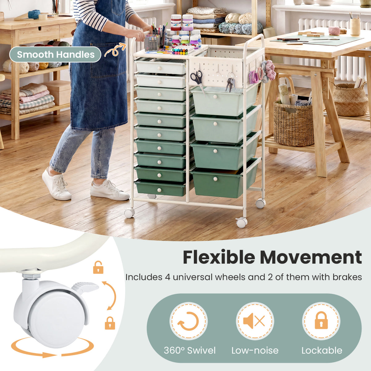 14-Drawer Rolling Storage Cart with Metal Tabletop and Pegboard-Gradient Green
