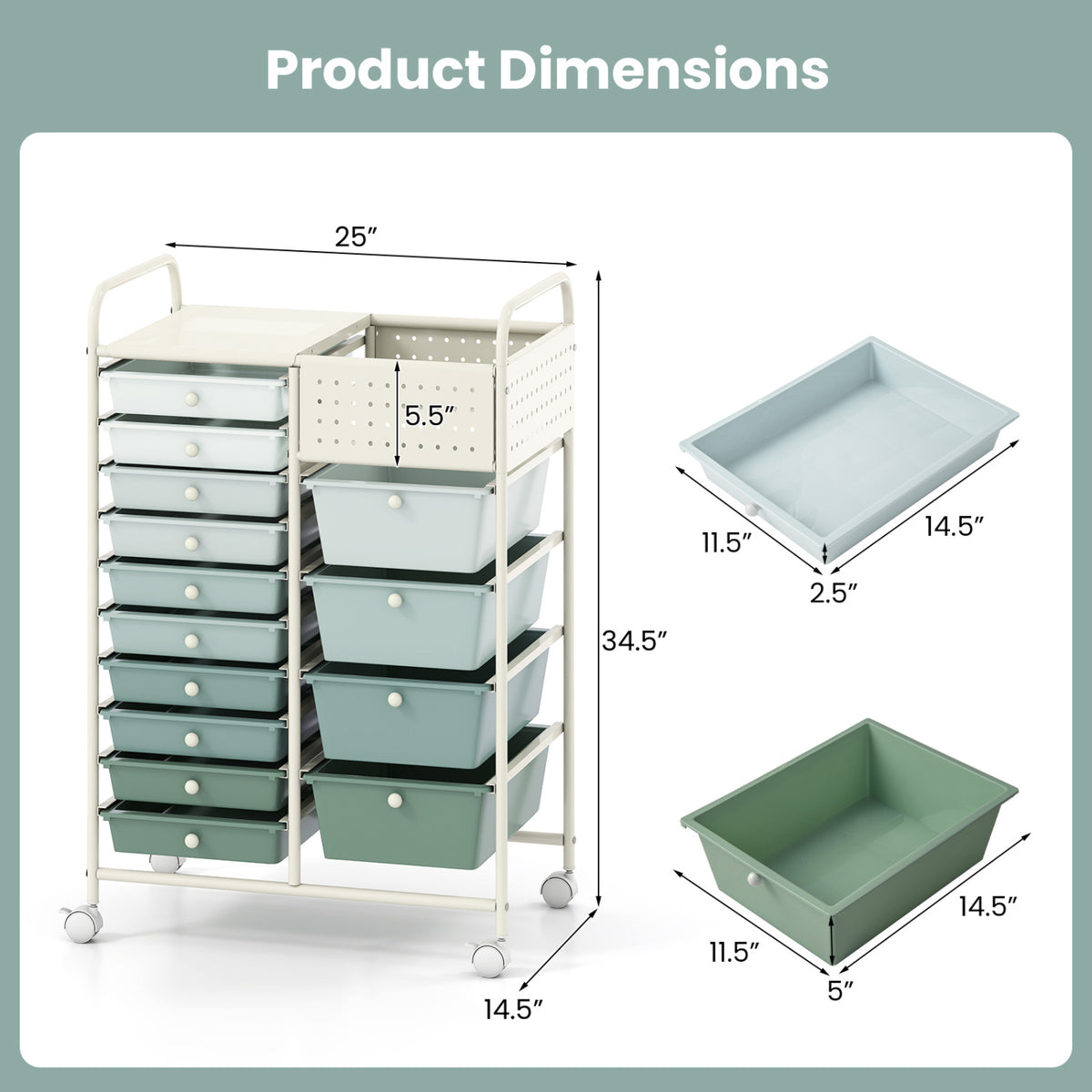 14-Drawer Rolling Storage Cart with Metal Tabletop and Pegboard-Gradient Green