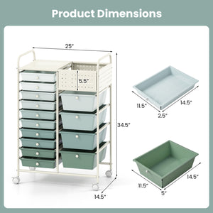 14-Drawer Rolling Storage Cart with Metal Tabletop and Pegboard-Gradient Green