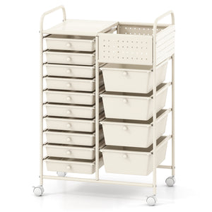 14-Drawer Rolling Storage Cart with Metal Tabletop and Pegboard-White