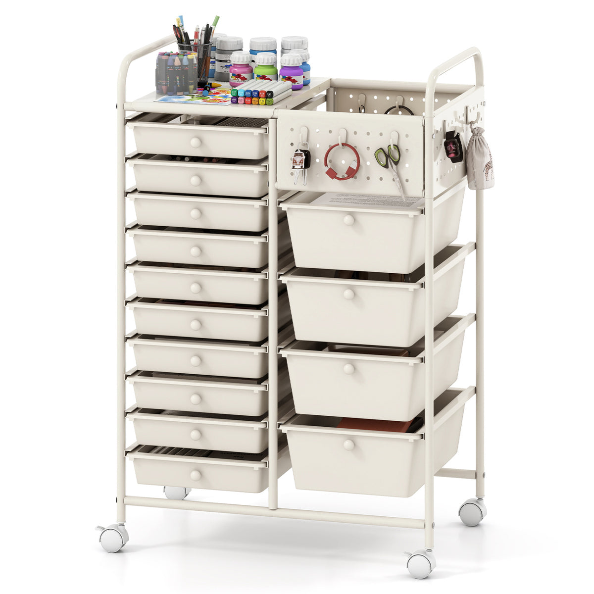 14-Drawer Rolling Storage Cart with Metal Tabletop and Pegboard-White