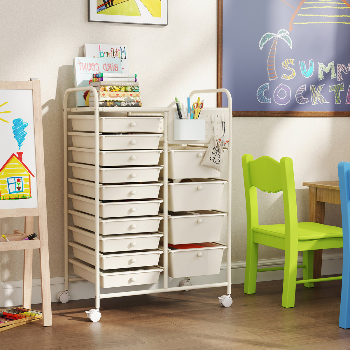 14-Drawer Rolling Storage Cart with Metal Tabletop and Pegboard-White