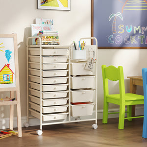 14-Drawer Rolling Storage Cart with Metal Tabletop and Pegboard-White