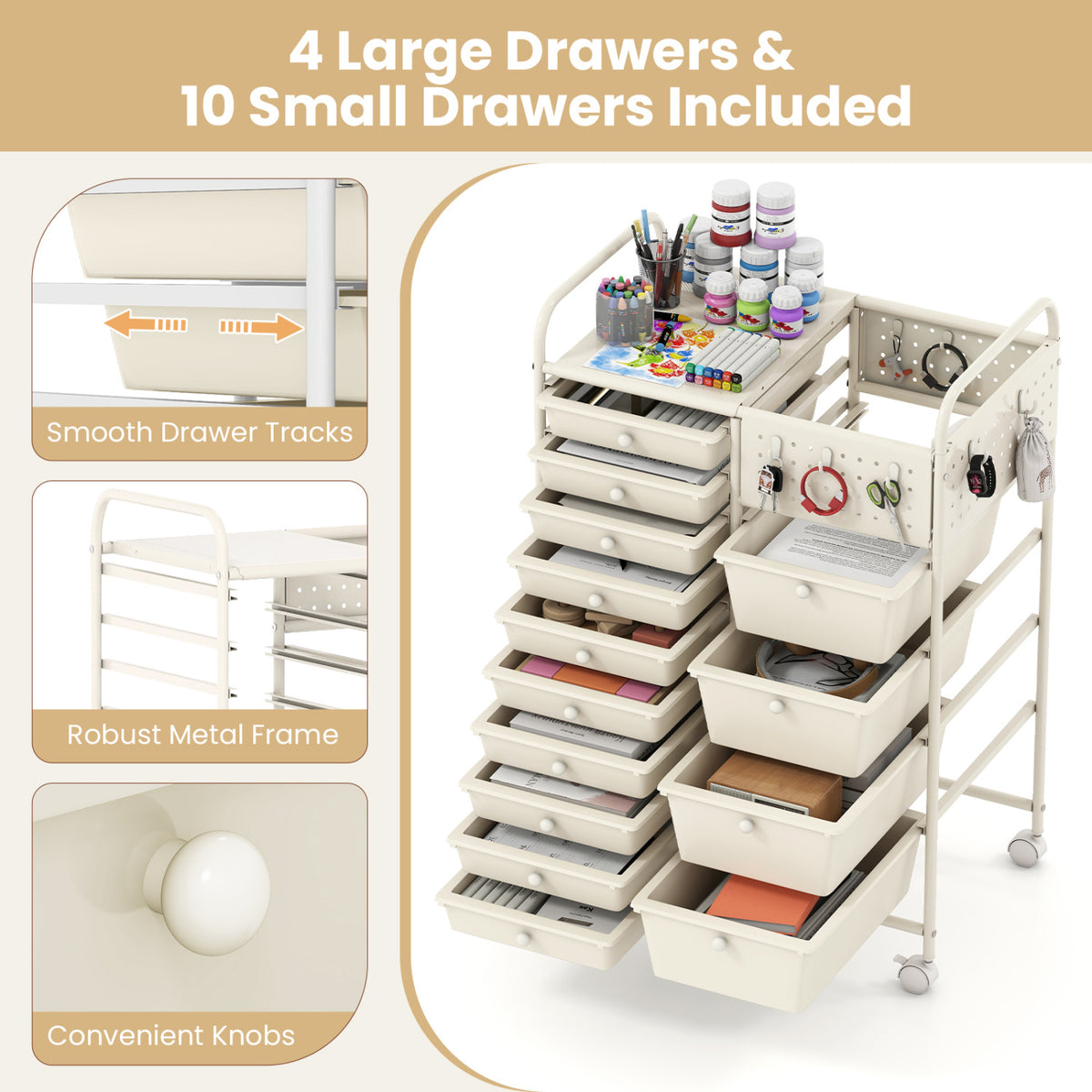 14-Drawer Rolling Storage Cart with Metal Tabletop and Pegboard-White