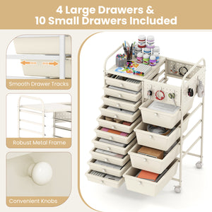 14-Drawer Rolling Storage Cart with Metal Tabletop and Pegboard-White
