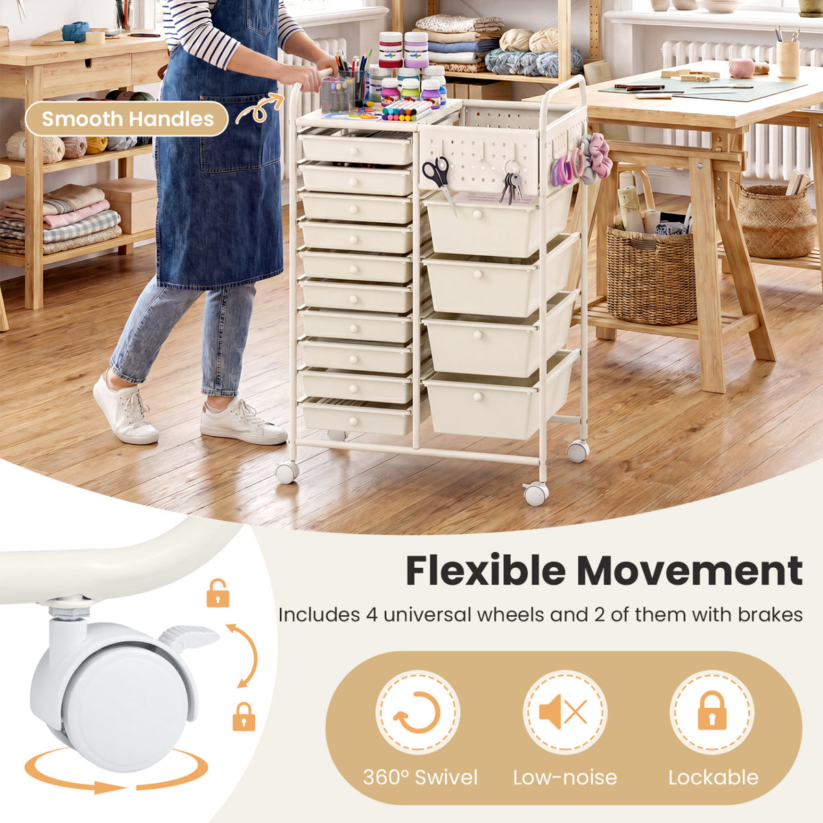 14-Drawer Rolling Storage Cart with Metal Tabletop and Pegboard-White