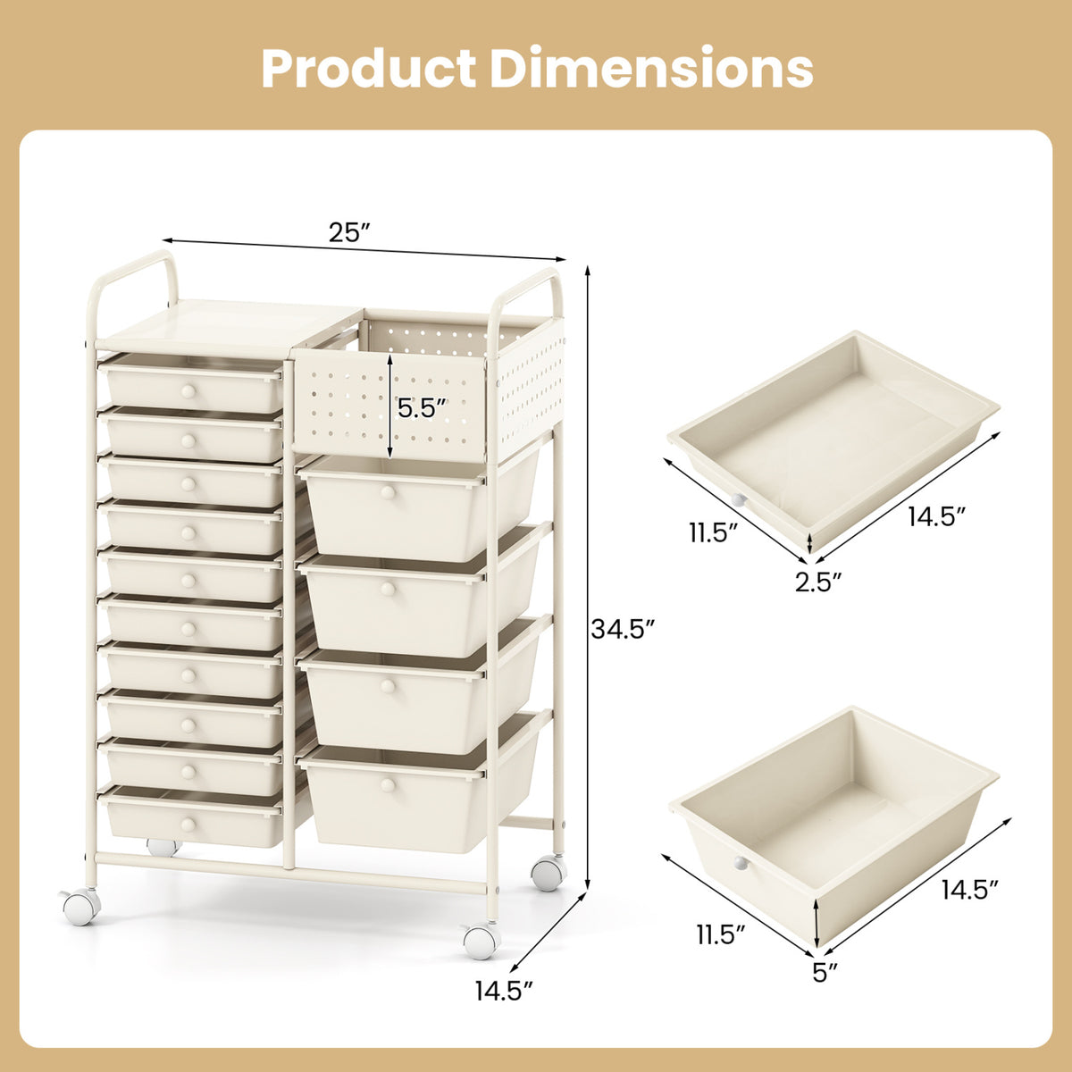 14-Drawer Rolling Storage Cart with Metal Tabletop and Pegboard-White