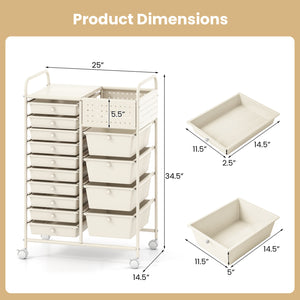 14-Drawer Rolling Storage Cart with Metal Tabletop and Pegboard-White